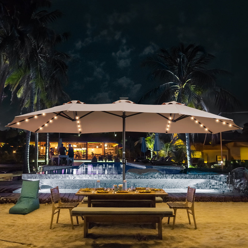 Patbrela 15ft Patio Umbrella with Light and Base, Double Sided  Large Rectangular Outdoor Umbrella with Crank Handle, for Garden, Yard, Poolside and Outdoor Activities, Gray