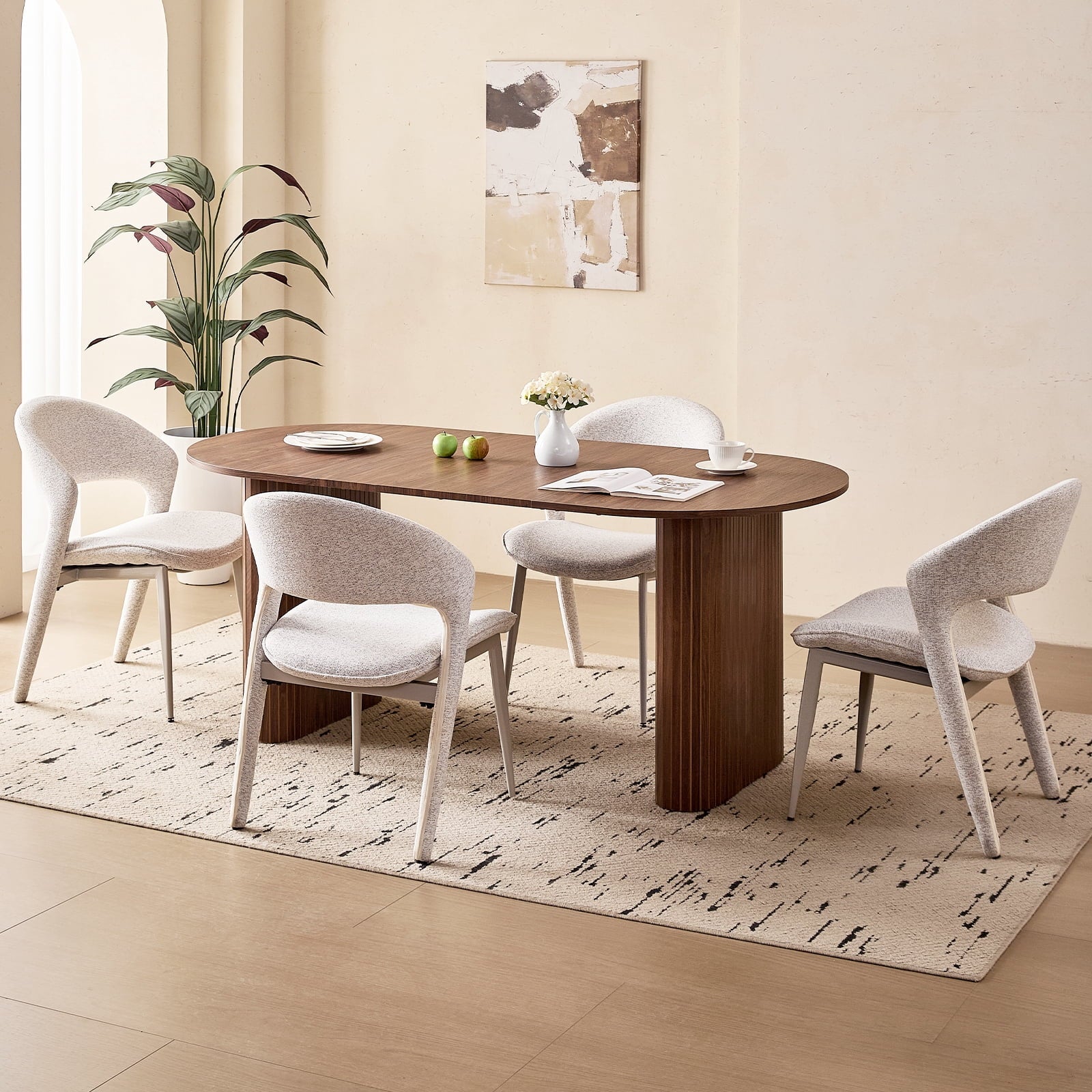 71 Natural Large Dining Table Set for 4 Modern Kitchen Table with Beige Boucle Upholstered Kitchen Chairs Set of 4