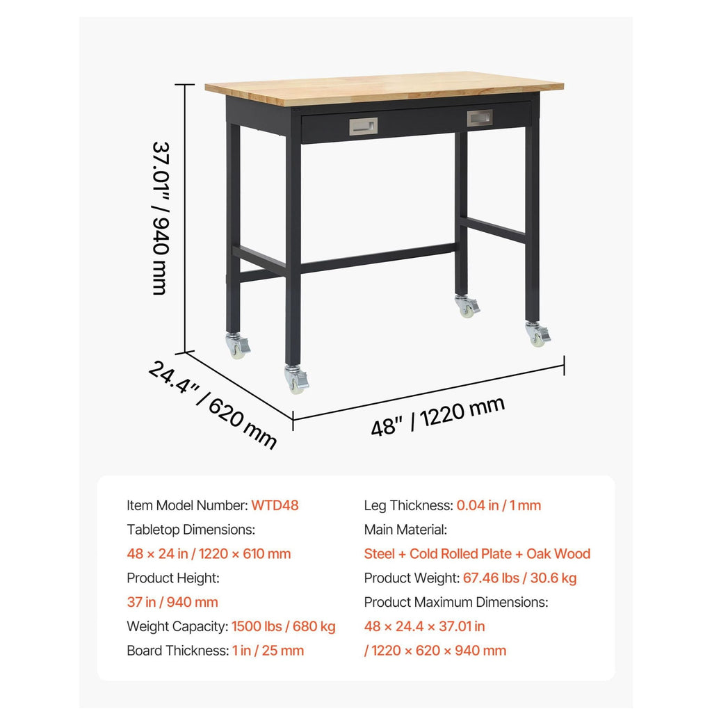 48-inch Workbench with Drawer and Wheels, 1500 lbs Capacity, Heavy Duty Oak Wood Top Work Table for Garage, Workshop, Office
