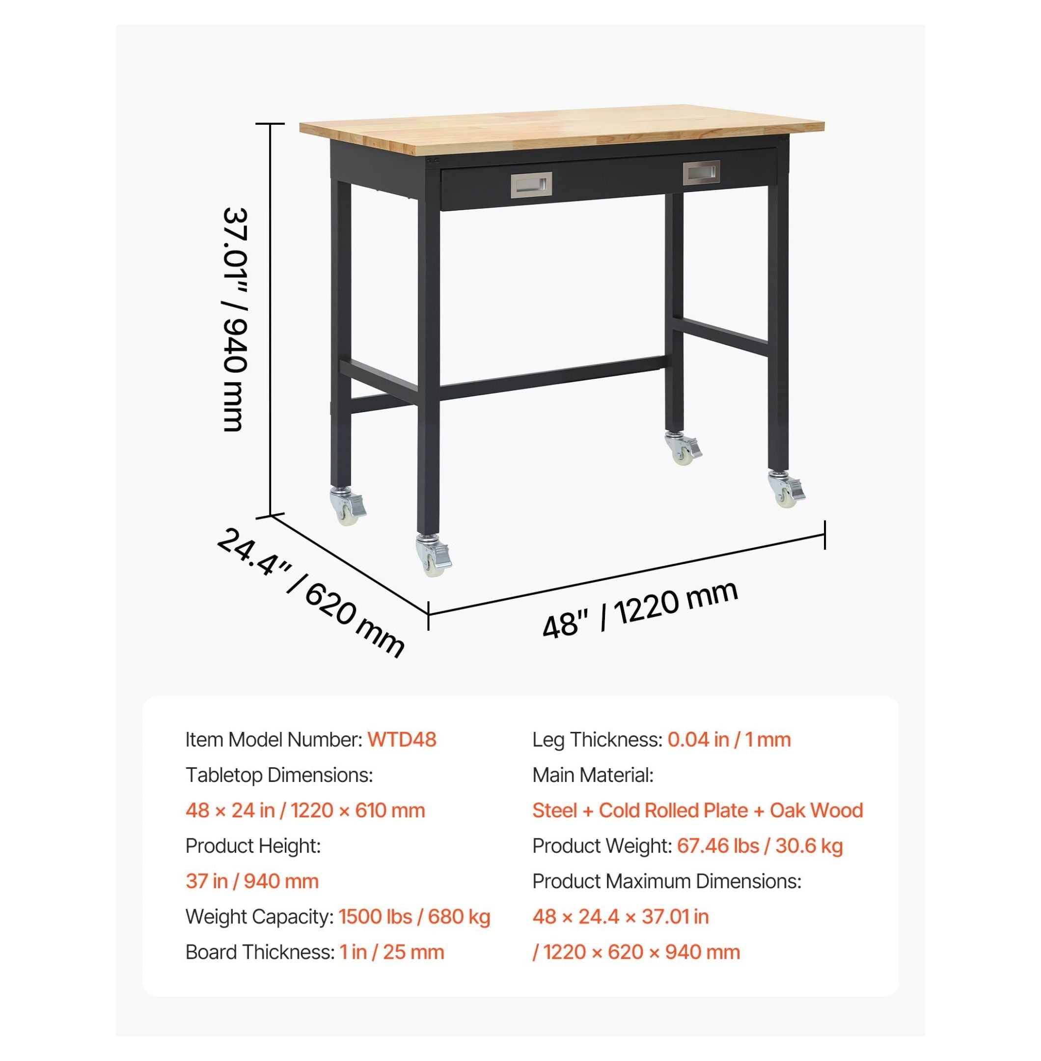 48-inch Workbench with Drawer and Wheels, 1500 lbs Capacity, Heavy Duty Oak Wood Top Work Table for Garage, Workshop, Office