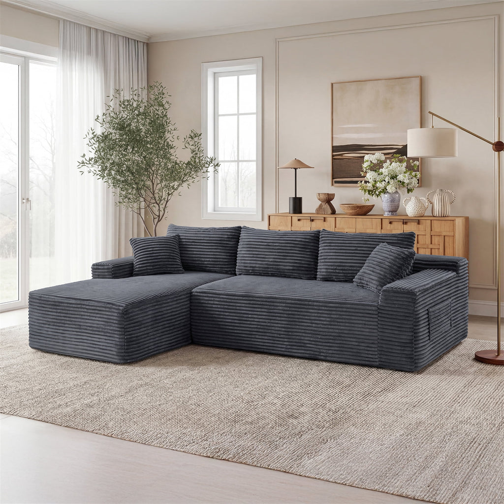 Aukfa 95 Cloud Sectional Sofa Deep Seat Boneless Couch Modular L-Shaped Couch, Left Chaise Corduroy Sofa for Living Room, Black