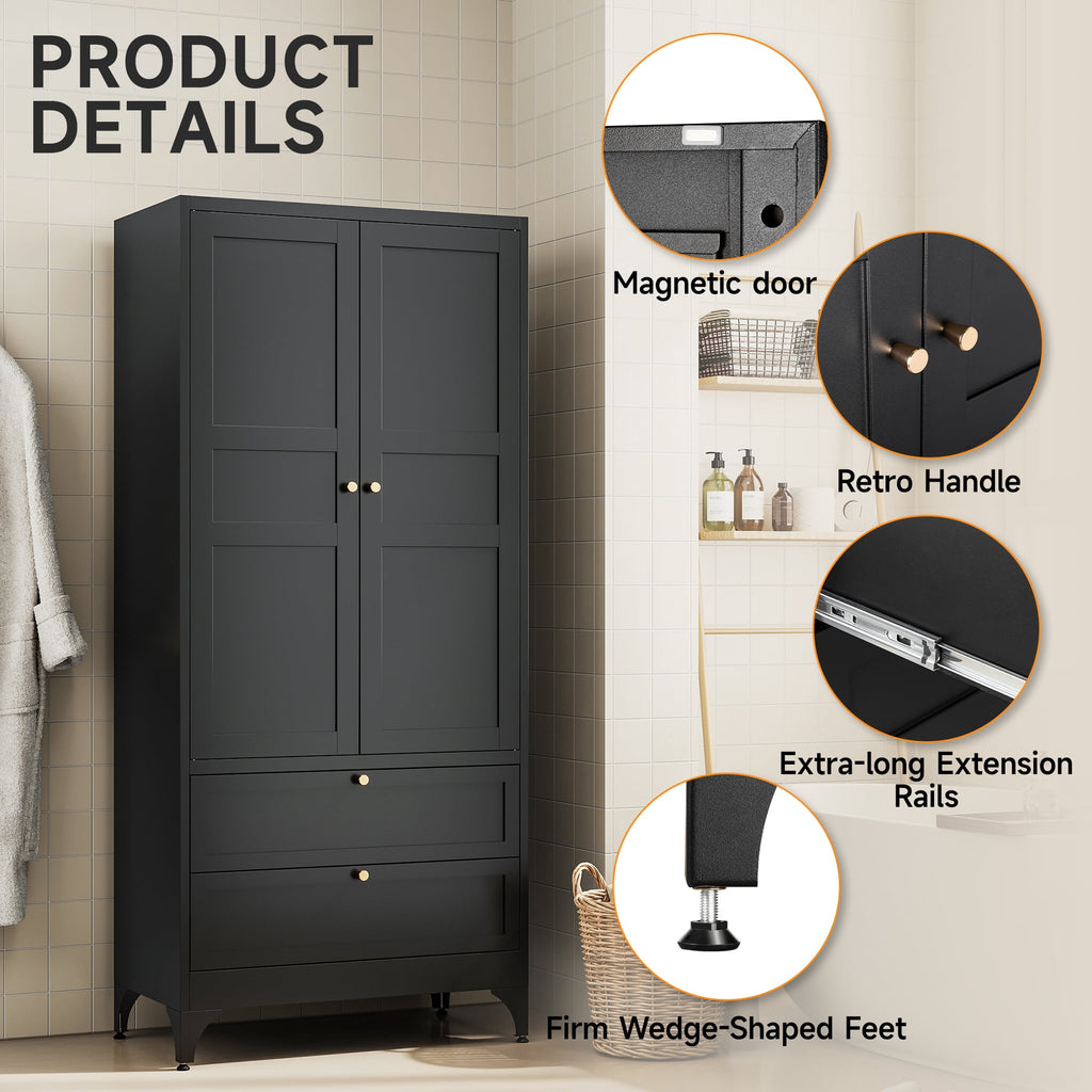 STANI Metal Wardrobe Closet with Hanging Rod, 72 White Armoire Wardrobe Cabinet with Adjustable Shelves, Clothes Storage Organizer Cabinets for Bedroom, Bathroom, Office