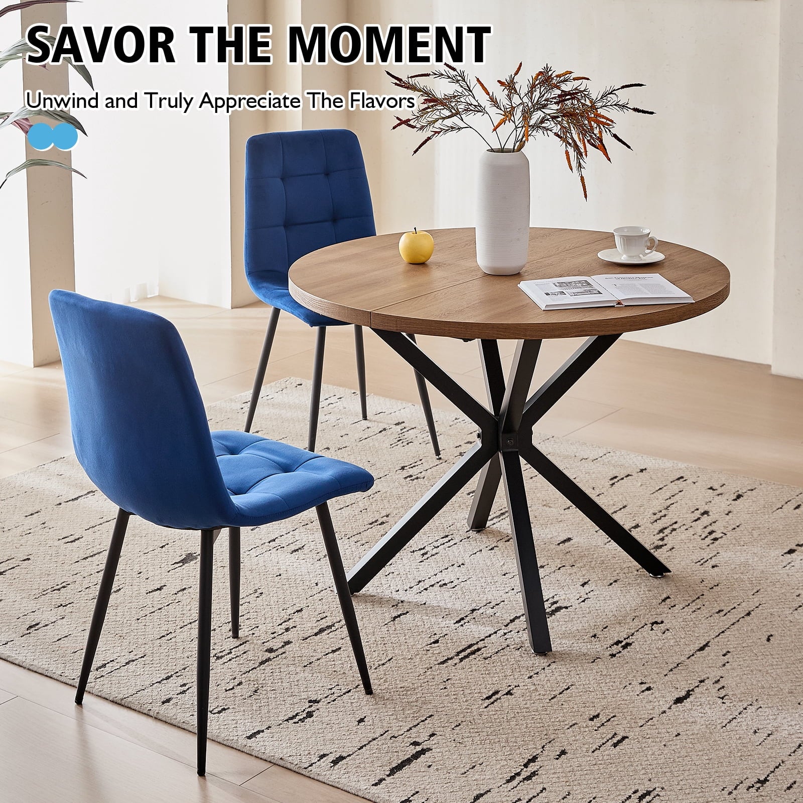 5 Piece 39 Round Dining Table Set for 4, Mid Century Kitchen Table with 4 Khaki Fabric Upholstered Dining Chairs for Apartment Living Room, Space Saving Table.
