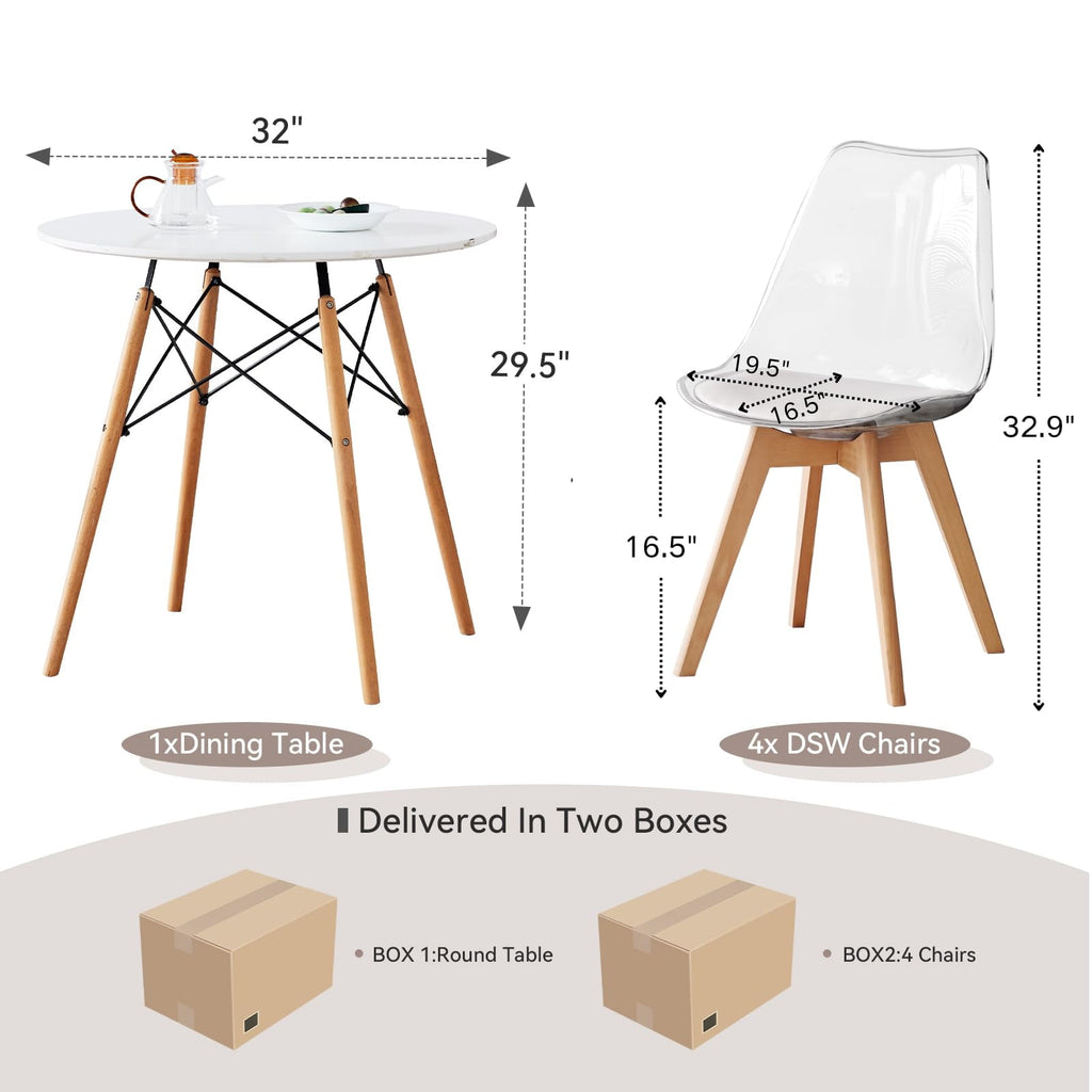 5-Piece 35.5'' Round Dining Table Set for 4, Kitchen Table Chair Set of 4, Mid-Century Modern Dinette Dining Room Table Set Dinner Table for 4 W/Solid Wood Legs, White