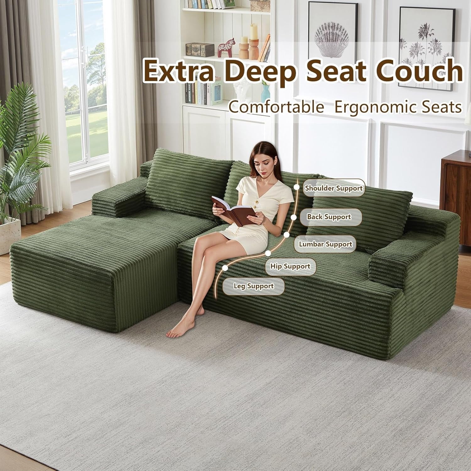 96 Boneless Cloud Couch with Chaise, Modular Sectional Sofa for Living Room, No Assembly Required, Deep Seat Corduroy Couch, Green
