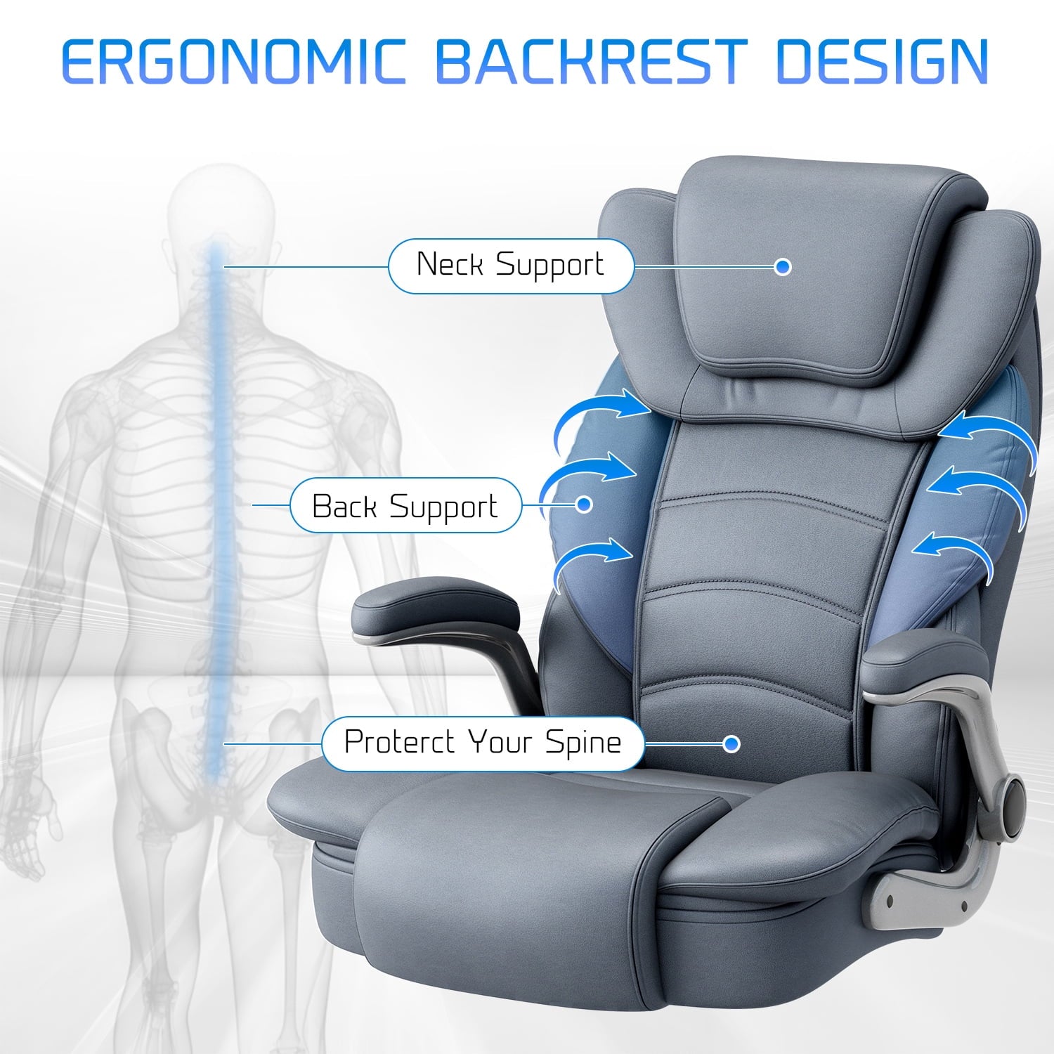 Ninecer Big and Tall Office Chair 400lb Wide Seat, Ergonomic High Back Leather Executive Desk Chair, Computer Chair with Flip-up Arms, Black