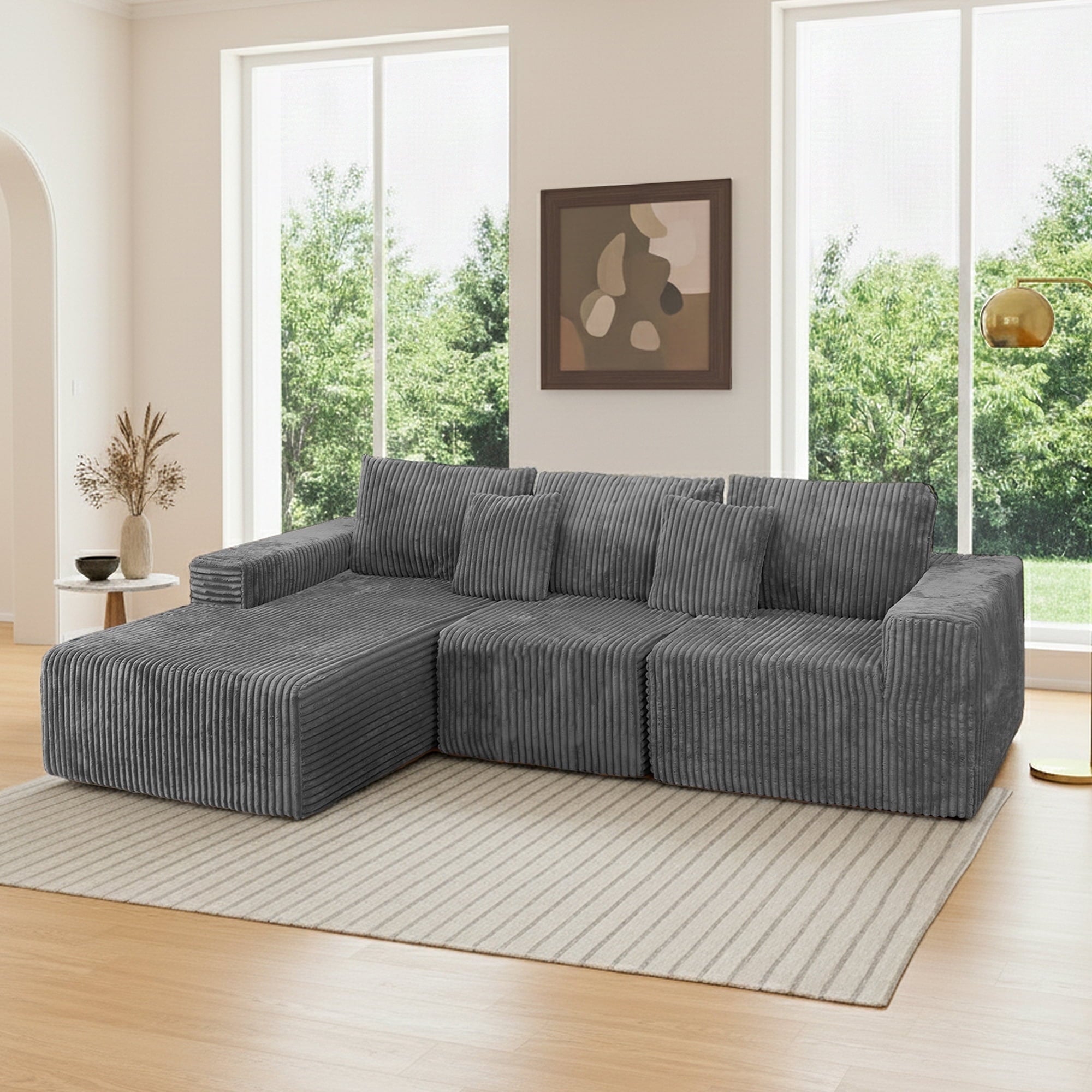 SOULART 138.5 U Shaped Sectional Couch,Gray Cloud Boneless Sofa For Living Room,Plush Corduroy Couches With Deep Seat Chaise Lounge,No Assembly Required