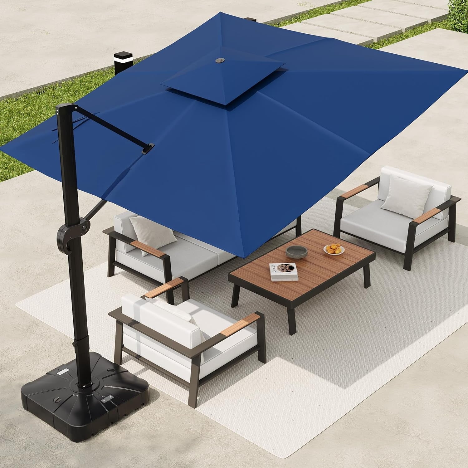 SOLLED 10x10 FT Outdoor Umbrella with Base, Cantilever Patio Umbrella 360° Rotation Adjustable Height, Square Sun Shade for Pool Garden Backyard,Blue