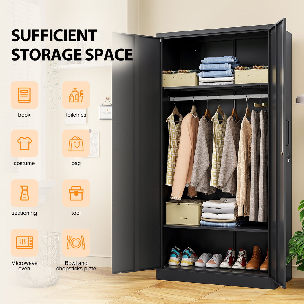 STANI Metal Wardrobe Closet with Hanging Rod, 72 White Armoire Wardrobe Cabinet with Adjustable Shelves, Clothes Storage Organizer Cabinets for Bedroom, Bathroom, Office