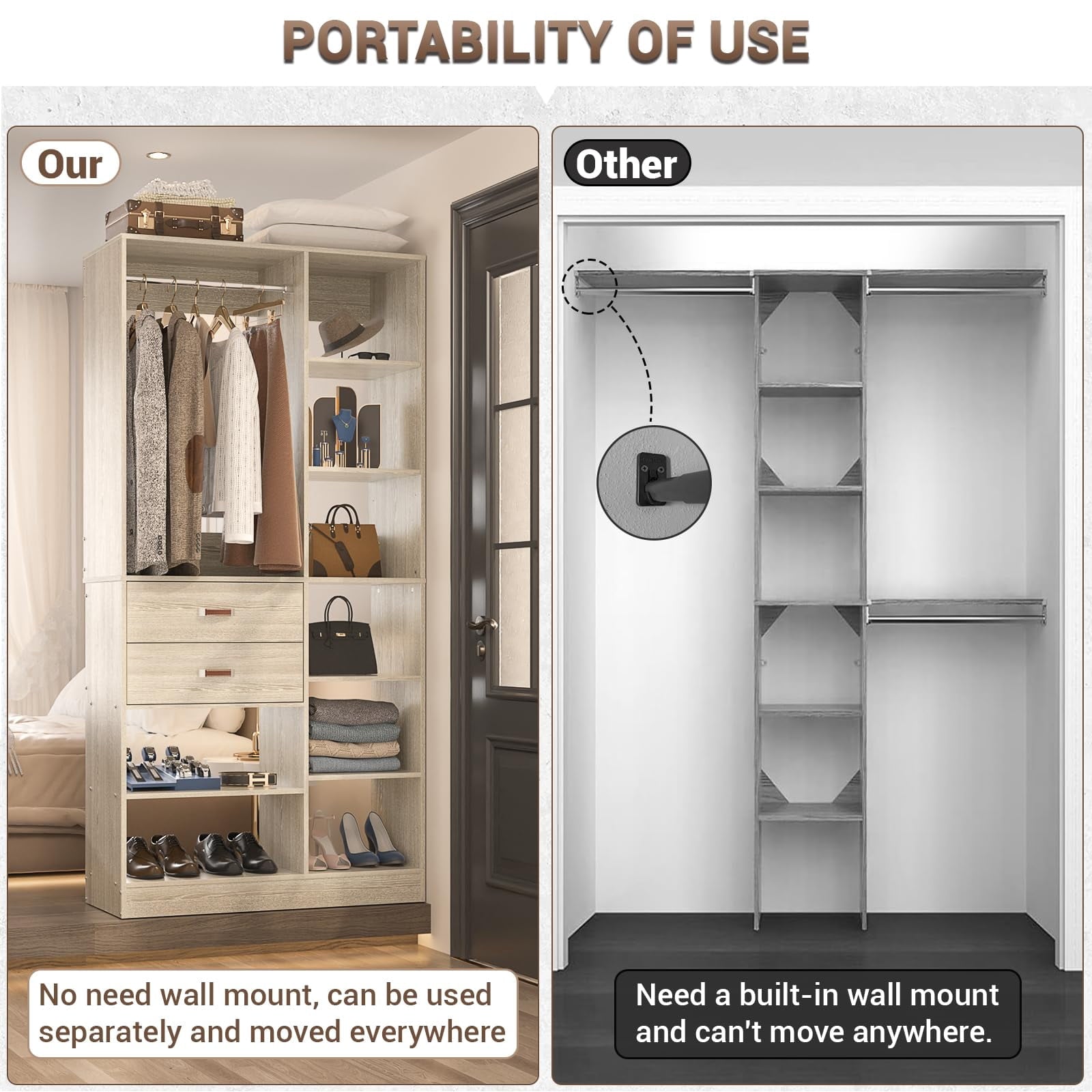 Homieasy 39.4'' W Closet System with Wooden Drawers and Hanging Rods, White