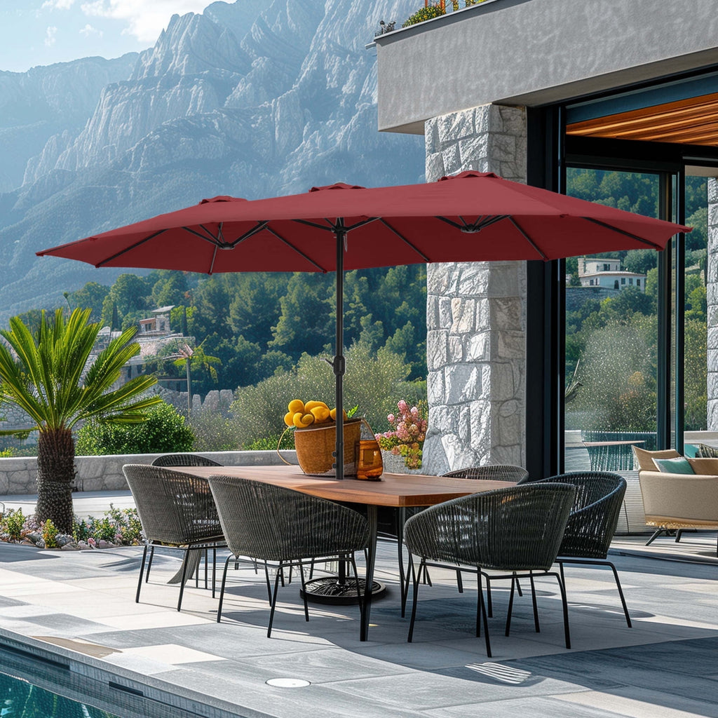 SUMMIT LIVING 15 ft Large Patio Umbrella with Base (Included) Double-Sided Rectangular Outdoor Deck Umbrella for Outside - Beige