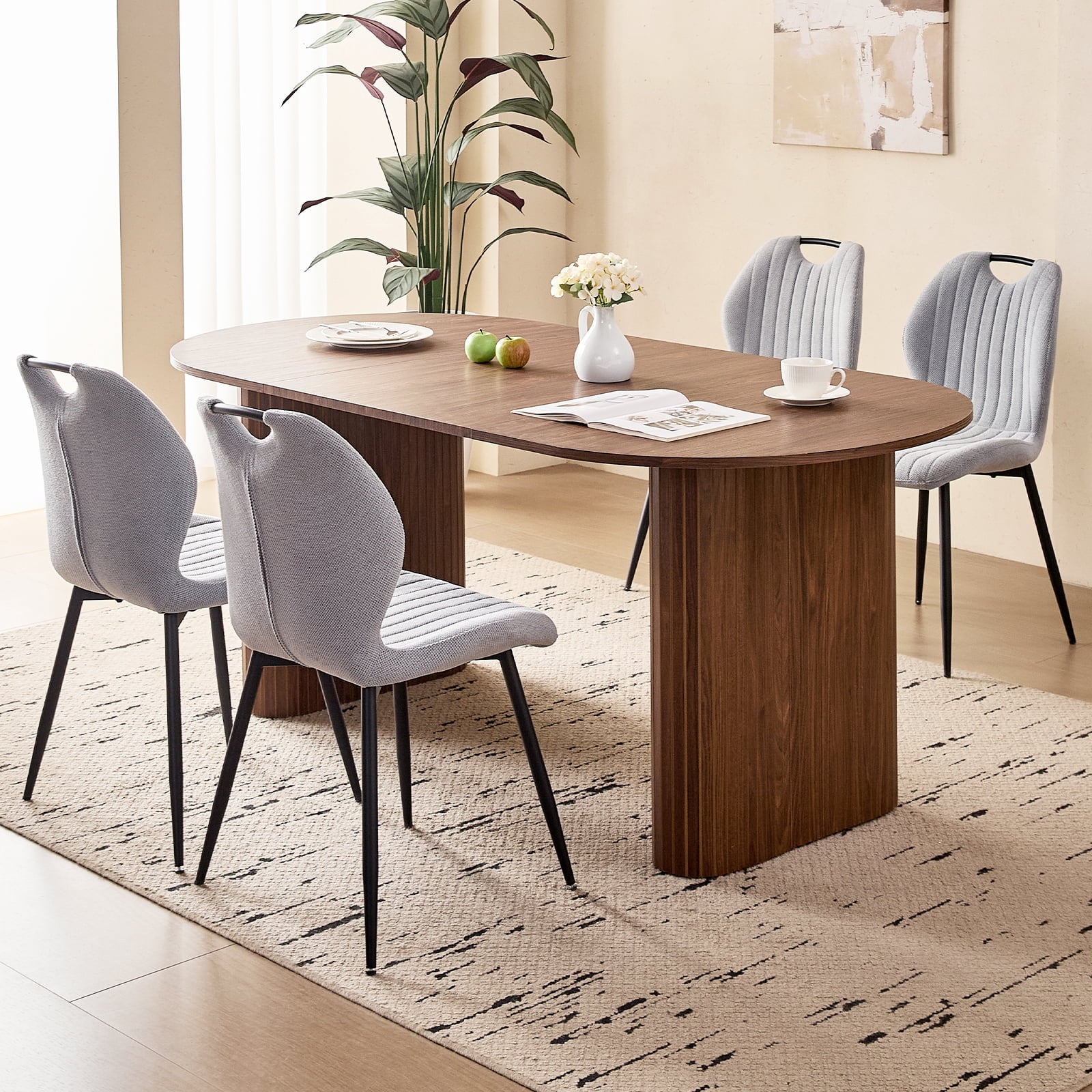 71 Natural Large Dining Table Set for 4 Modern Kitchen Table with Beige Boucle Upholstered Kitchen Chairs Set of 4