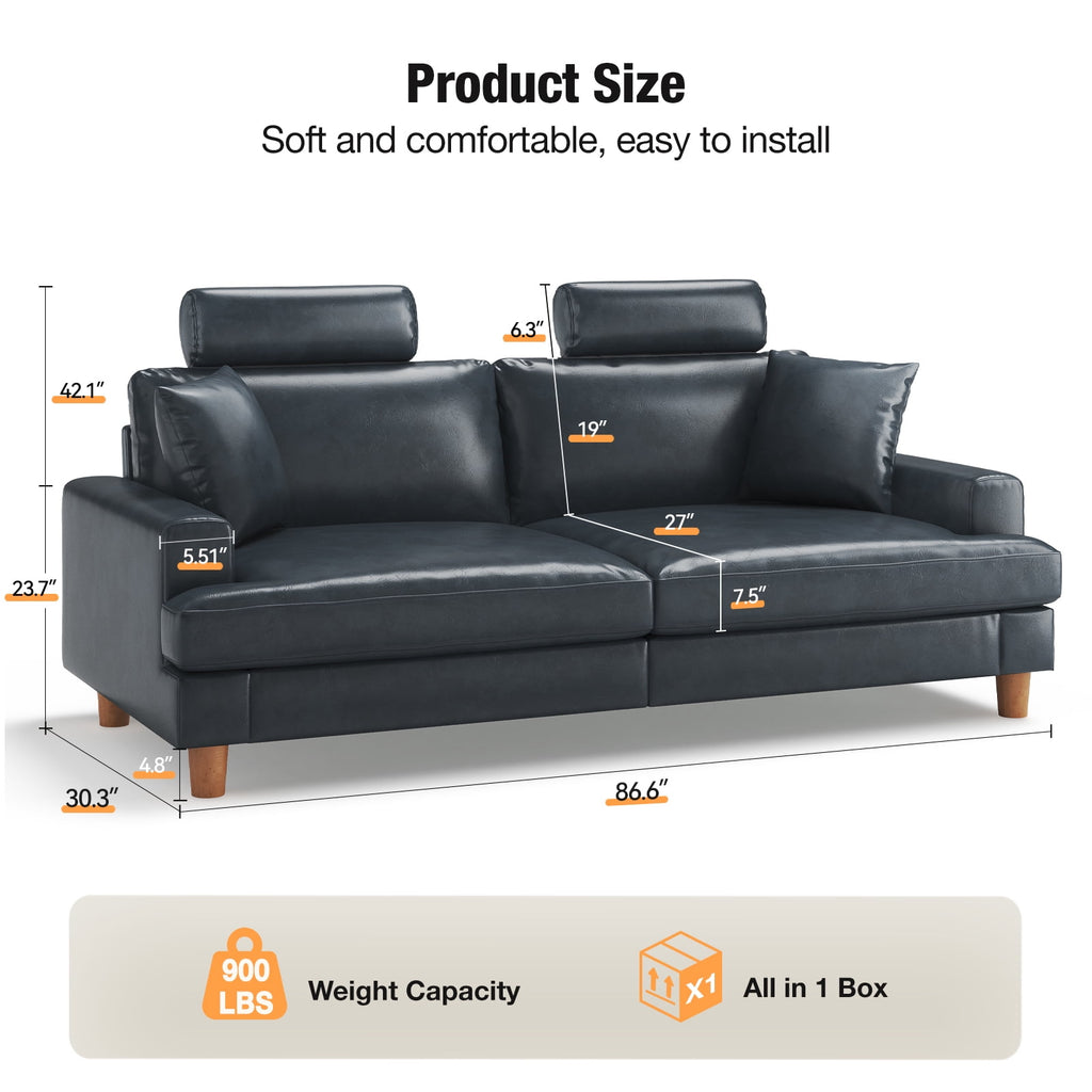 87 Sofa Premium PU Leather Couch with Headrest, Comfy 27 Extra Deep Seat 3 Seater Sofa for Living Room, Includes 2 Pillows, Black