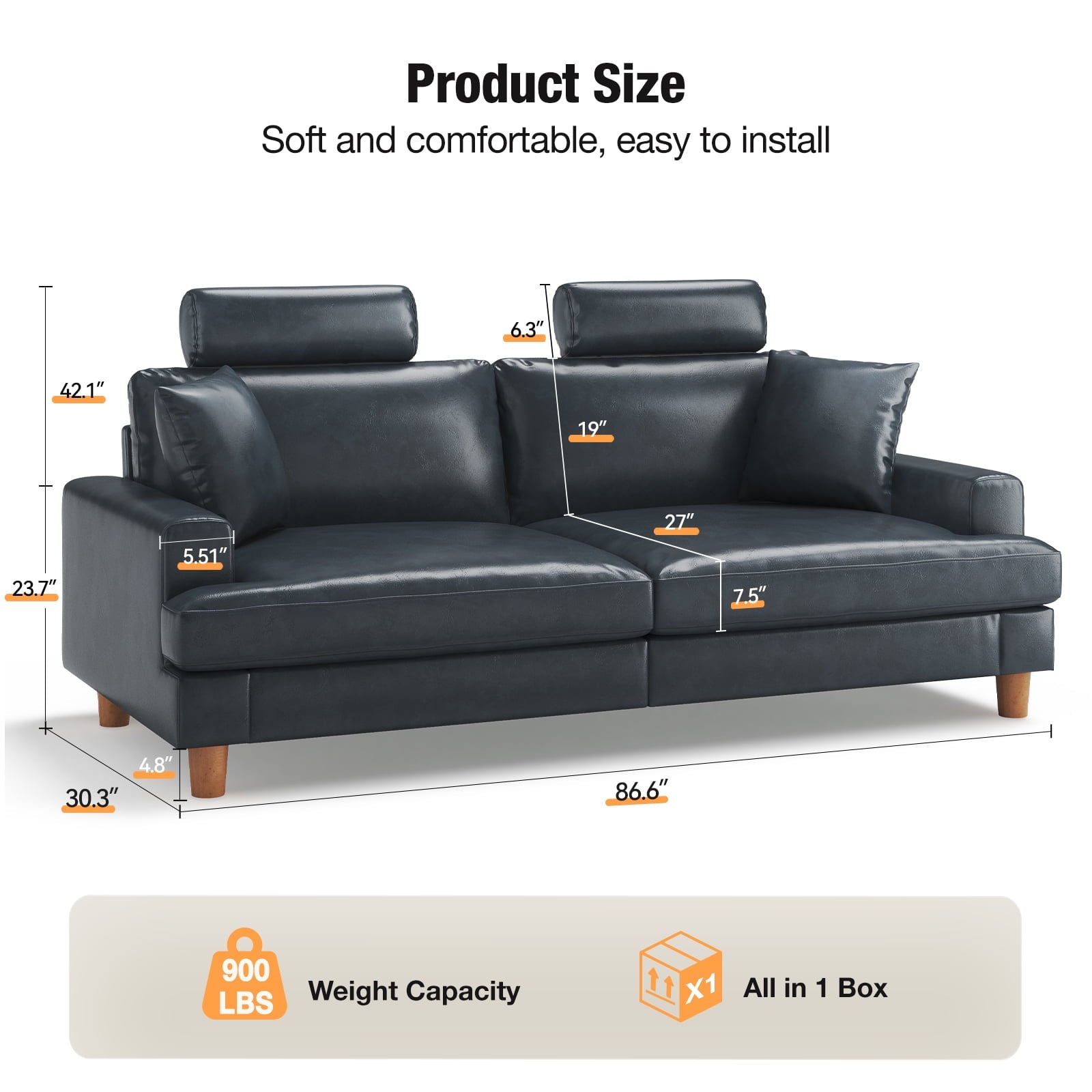 87 Sofa Premium PU Leather Couch with Headrest, Comfy 27 Extra Deep Seat 3 Seater Sofa for Living Room, Includes 2 Pillows, Black