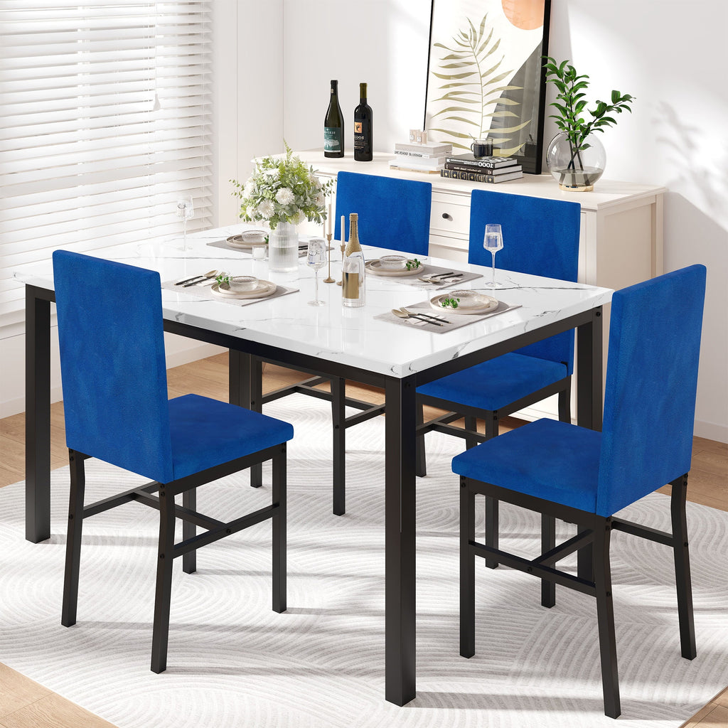 UHOMEPRO Dining Table Set for 4, 5 Piece Dining Room Table Set with Gray Velvet Upholstered Chairs, White Faux Marble Pattern Rectangle Kitchen Table Set for Breakfast Nook Small Space