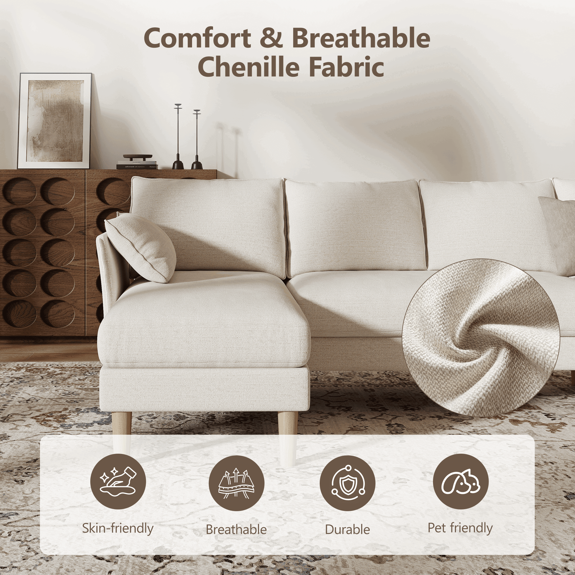 BedLuxury 100 U-Shape Sectional Sofa with Chaise, Chenille Modern Couch with High Legs for Living Room, Apartment, Gray