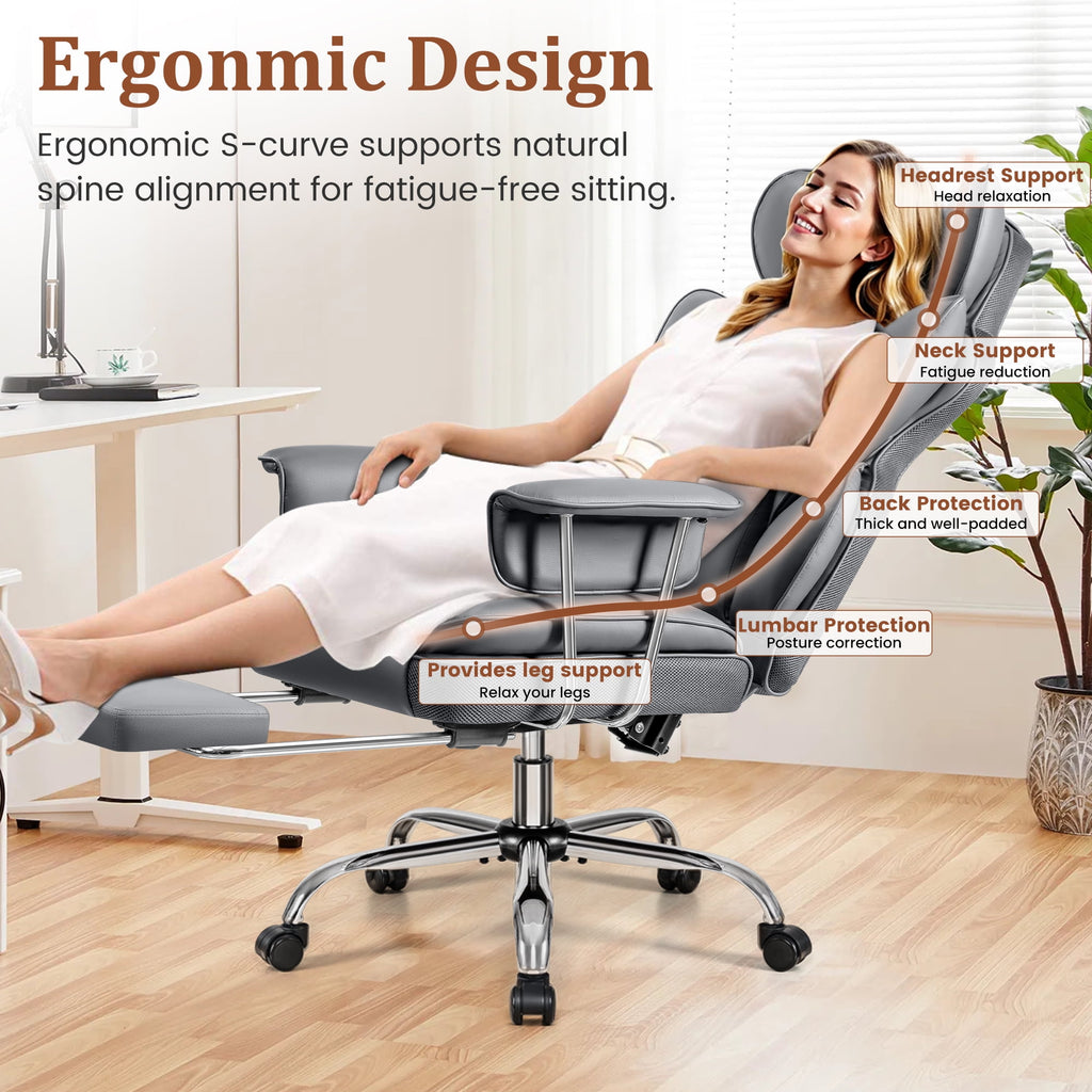 COOLHUT Big and Tall Office Chair 500LBS Wide Seat Ergonomic Computer Desk Chair, PU Leather Executive Office Chair with Footrest, Adjustable Task Chair Lumbar Back Support 8 Hour, Black