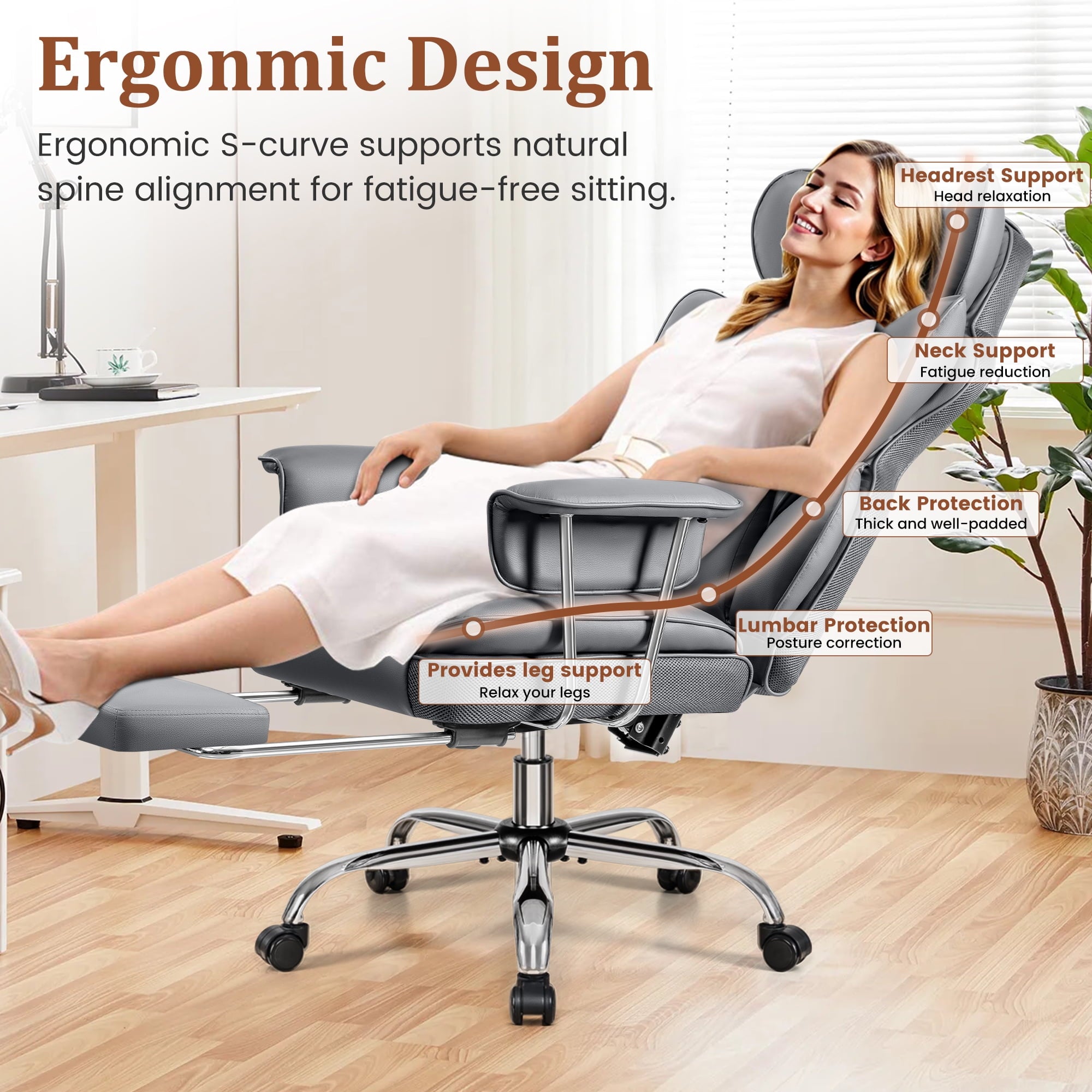 COOLHUT Big and Tall Office Chair 500LBS Wide Seat Ergonomic Computer Desk Chair, PU Leather Executive Office Chair with Footrest, Adjustable Task Chair Lumbar Back Support 8 Hour, Black
