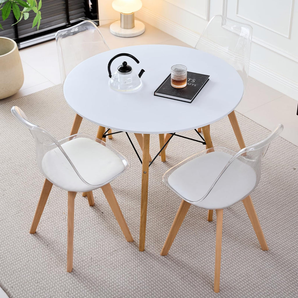 5-Piece 35.5'' Round Dining Table Set for 4, Kitchen Table Chair Set of 4, Mid-Century Modern Dinette Dining Room Table Set Dinner Table for 4 W/Solid Wood Legs, White