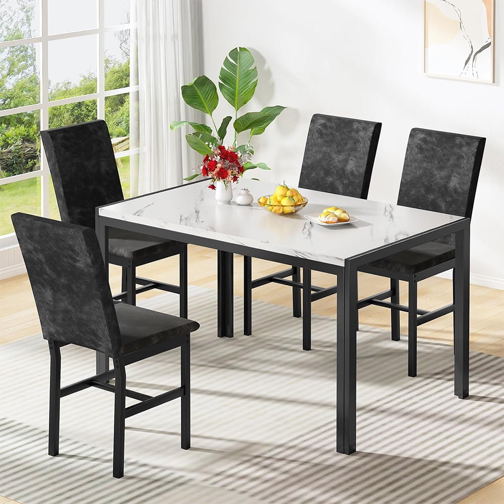 LinkRomat 5-Piece Faux Marble Dining Table Set for 4, Modern Kitchen Table with Chairs, Dinette Dining Room Furniture Set for Compact Space Saving