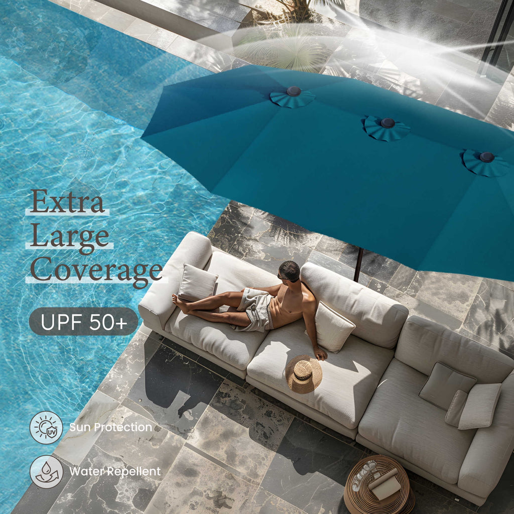 SUMMIT LIVING 13ft Large Patio Umbrella with Multi-Color LED Solar Lights Double-Sided Rectangular Outdoor Table Umbrella – Beige