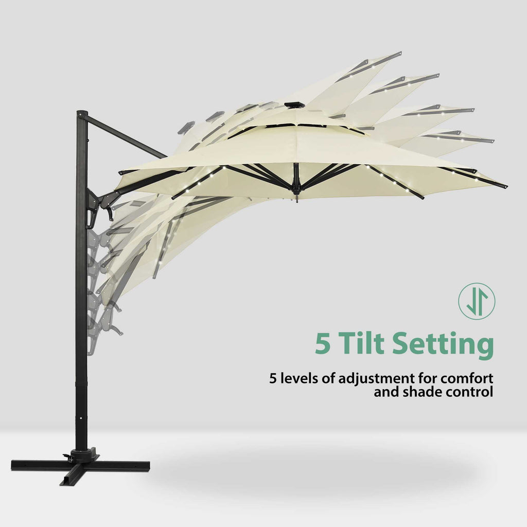 Ainfox 10ft Double Top Heavy-Duty Patio Cantilever Umbrella with lights and Cross Base, Outdoor Large Offset Hanging Aluminum Rotation Sun Shade Solar Umbrella with 360°Rotation Adjustable,Khaki