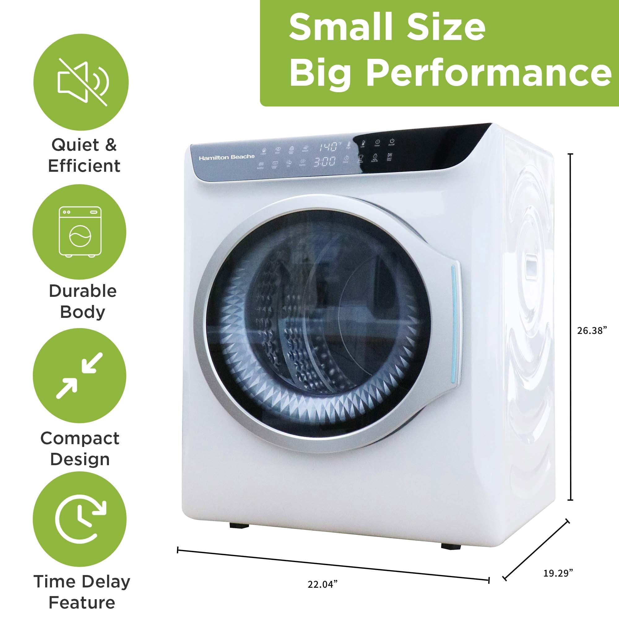 Hamilton Beach 13 lbs. Compact Tumble Dryer with Touchscreen Controls, 8 Drying Modes, Delay Start, Adjustable Heat Levels, Child Lock, Air-Vented Port, White