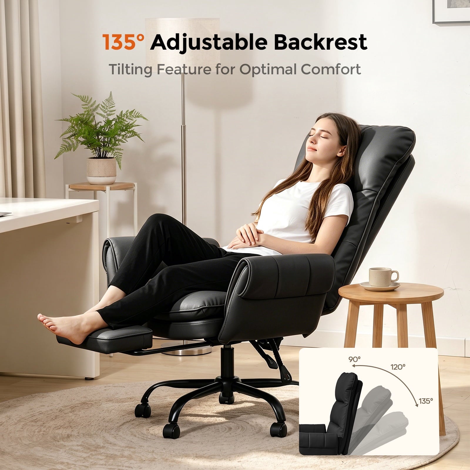 Patbrela Big and Tall Office Chair, PU Leather Swivel Desk Chair Ergonomic Computer Chairs with Adjustable Armrests, Black