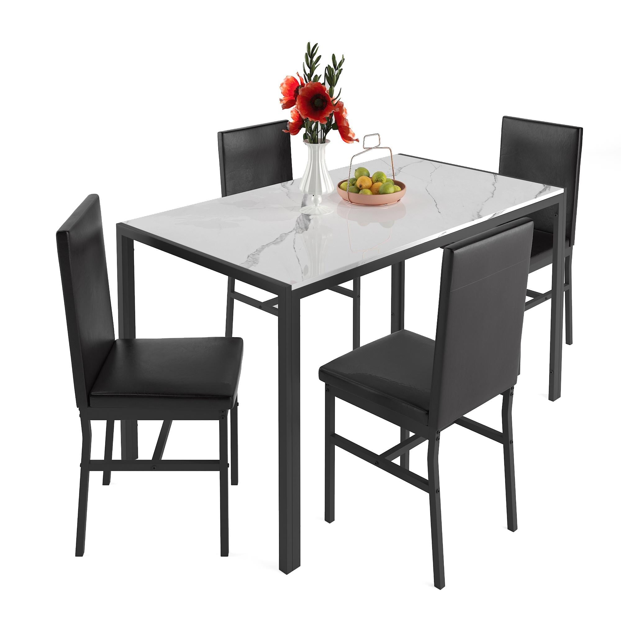 5 Piece Dining Table Set, Modern Faux Marble Tabletop and 4 PU Leather Upholstered Chairs, Rectangle Kitchen Table and Chairs for 4 Persons, Small Dining Set for Bar Dining Room Breakfast Nook