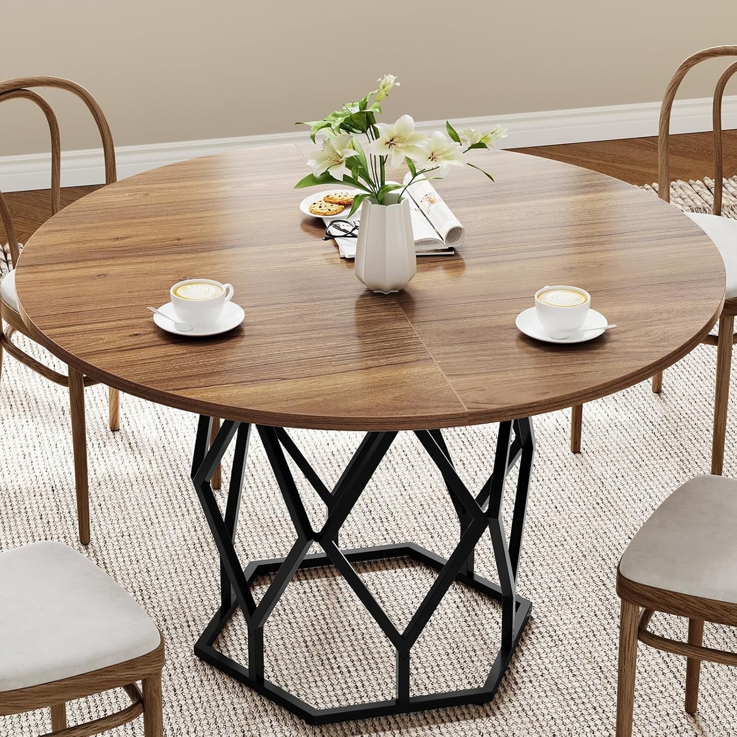 M optimized Round Dining Table for 4-6 People, 47 Farmhouse Kitchen Table, Modern Circle Dinner Table with Sturdy Base, Industrial Wood Dinning Room Table for Kitchen