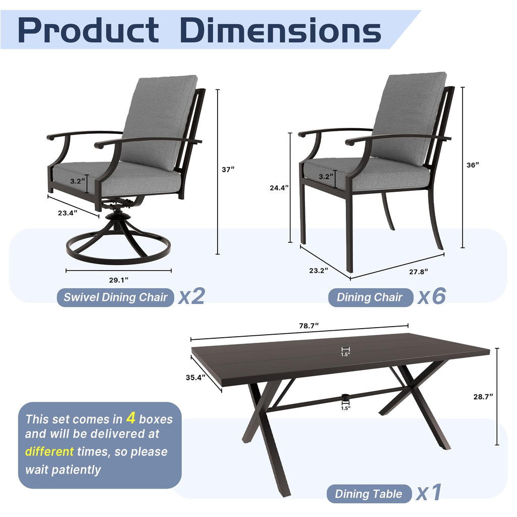 ALAULM 10 Piece Patio Dining Set w/14FT Umbrella, Metal Outdoor Furniture Set w/Rectangular table, 6 Fixed Chairs and 2 swivel rocking chairs for Patio, Backyard, Garden, Poolside（Grey）