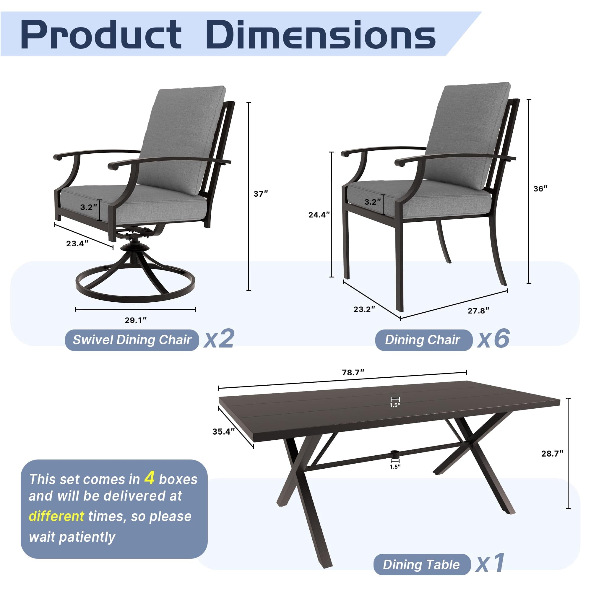 ALAULM 10 Piece Patio Dining Set w/14FT Umbrella, Metal Outdoor Furniture Set w/Rectangular table, 6 Fixed Chairs and 2 swivel rocking chairs for Patio, Backyard, Garden, Poolside（Grey）