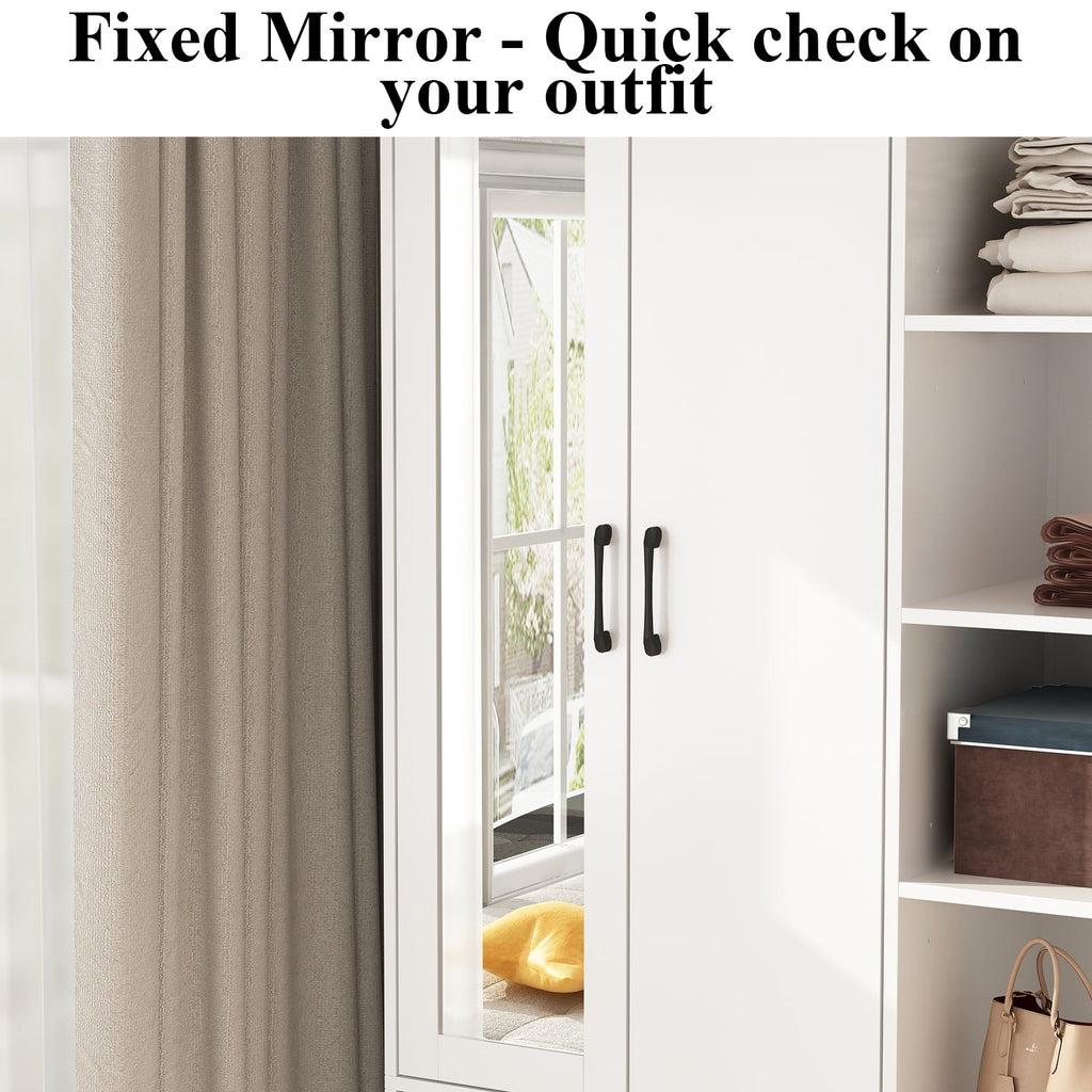 Wiawg 2 Door Wardrobe Armoire,Mirrored Closet Storage with Drawers and Shelves,White