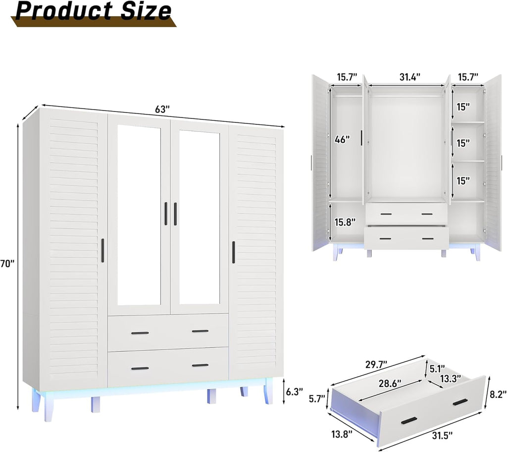 Blotout 70 Armoire Wardrobe Closet with Mirror & LED Lights, LED White Louver Door Wardrobe Armoire with 3 Drawers & Hanging Rods, Large 3 Doors Armoire Storage with Multi-Layer Shelves