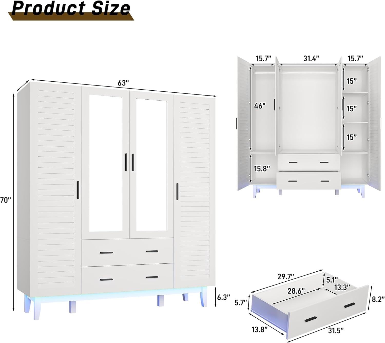 Blotout 70 Armoire Wardrobe Closet with Mirror & LED Lights, LED White Louver Door Wardrobe Armoire with 3 Drawers & Hanging Rods, Large 3 Doors Armoire Storage with Multi-Layer Shelves