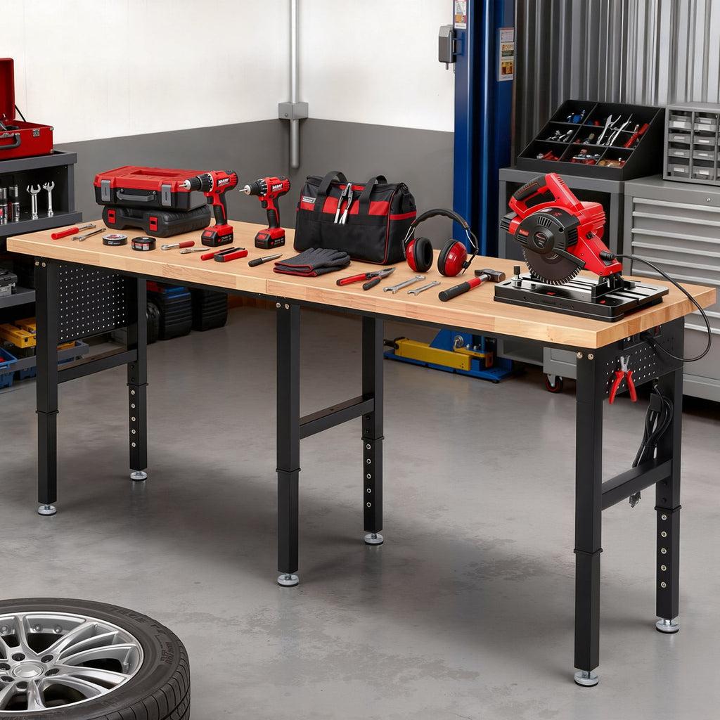 Workbench for Garage,ENJOYWOOD Heavy Duty 84 inch Wood Work Bench with Power Outlets and Peoboards,Rubber Wood Tabletop,5000 LBS Load Bearing Workstation Garage Desk Work Table