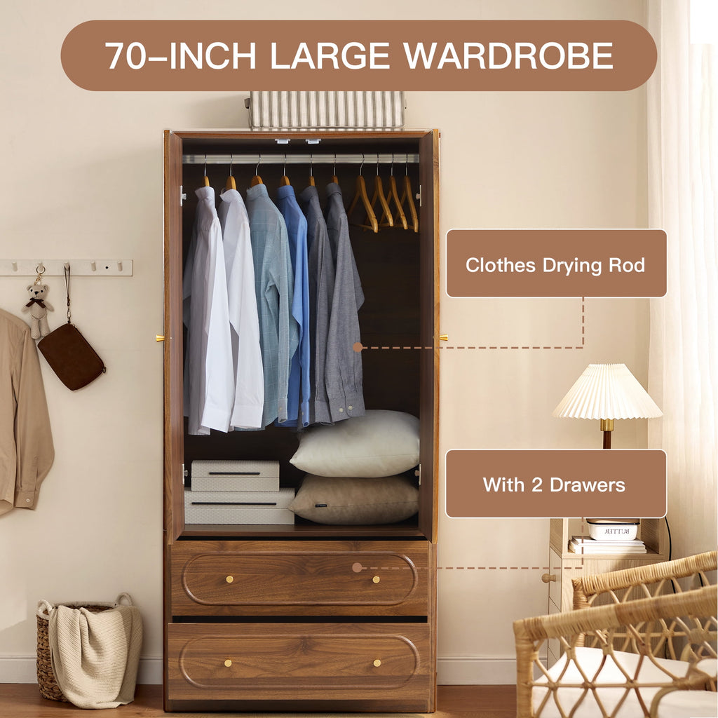 Wirrytor Freestanding Wooden Armoire Wardrobe with 2 Woven Doors and Storage Drawers, Space-Saving Closet Cabinet for Bedroom, Sturdy Mdf Board Closet with Hanging Rail