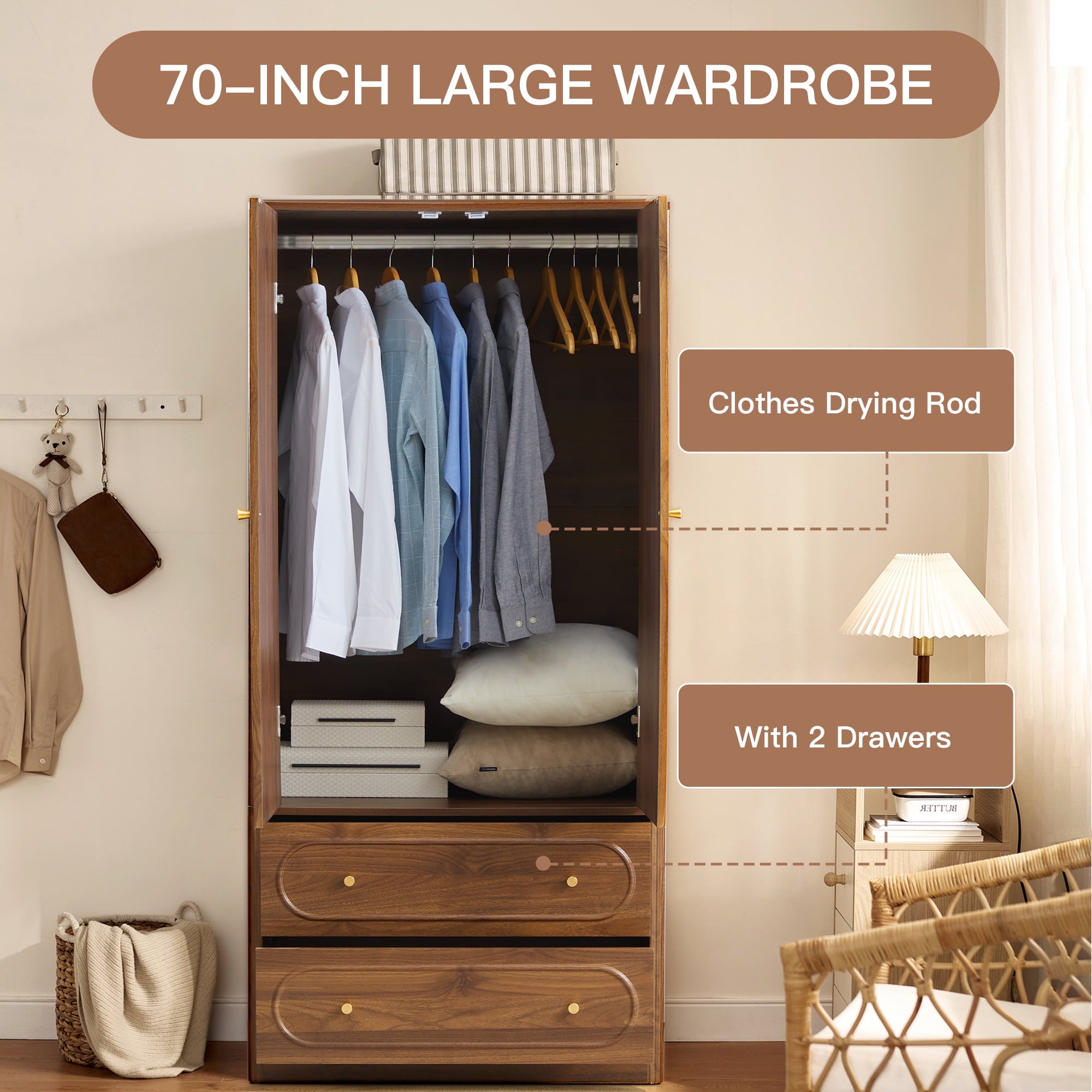 Wirrytor Freestanding Wooden Armoire Wardrobe with 2 Woven Doors and Storage Drawers, Space-Saving Closet Cabinet for Bedroom, Sturdy Mdf Board Closet with Hanging Rail