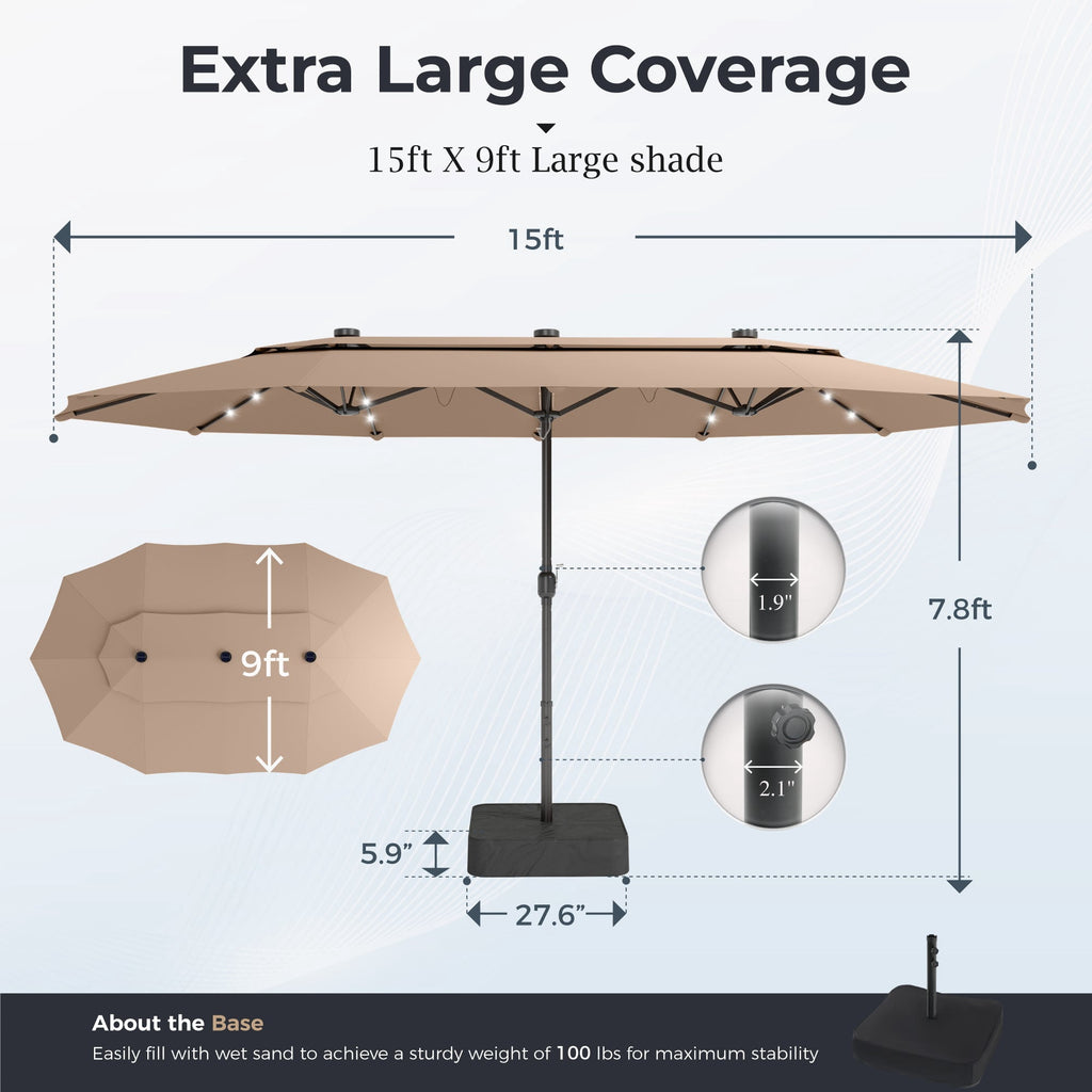 Alpha Joy 15ft Dual-Layer Extra Large Outdoor Patio Umbrella Double-Sided Ventilation Umbrella with Led Lights & Umbrella Base, Beige
