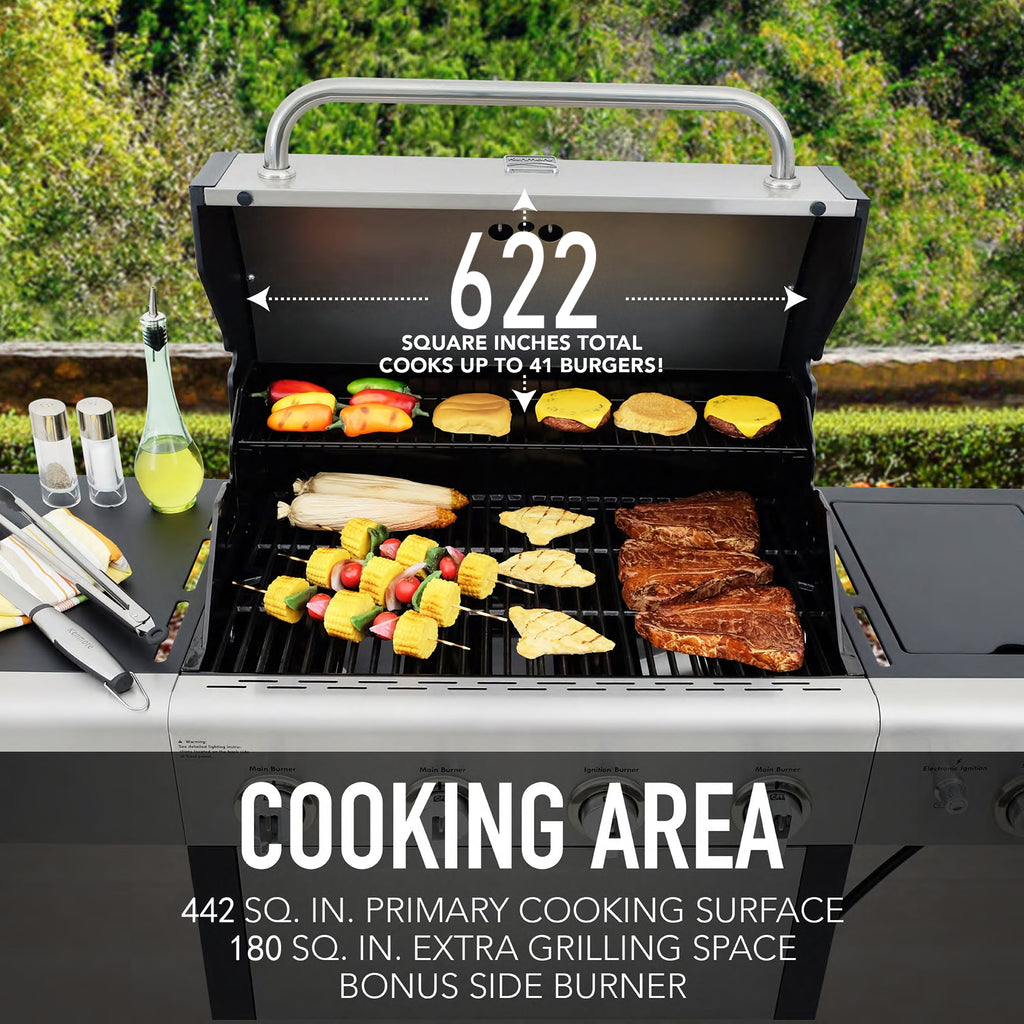 Kenmore 4-Burner Outdoor Propane Gas Grill with Side Burner, Open Cart, Stainless Steel