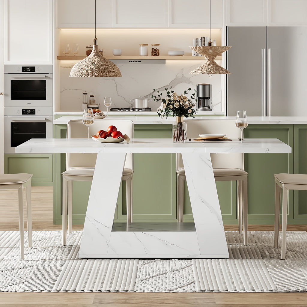 Modern Faux Marble Dining Table, 63 Rectangular 4-6 Seater Wood Table with Sturdy Base, Kitchen Living Room Dinner Table