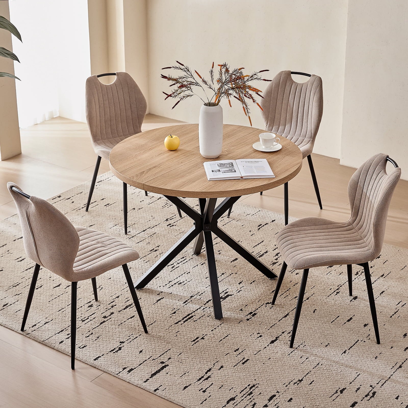 5 Piece 39 Round Dining Table Set for 4, Mid Century Kitchen Table with 4 Khaki Fabric Upholstered Dining Chairs for Apartment Living Room, Space Saving Table.