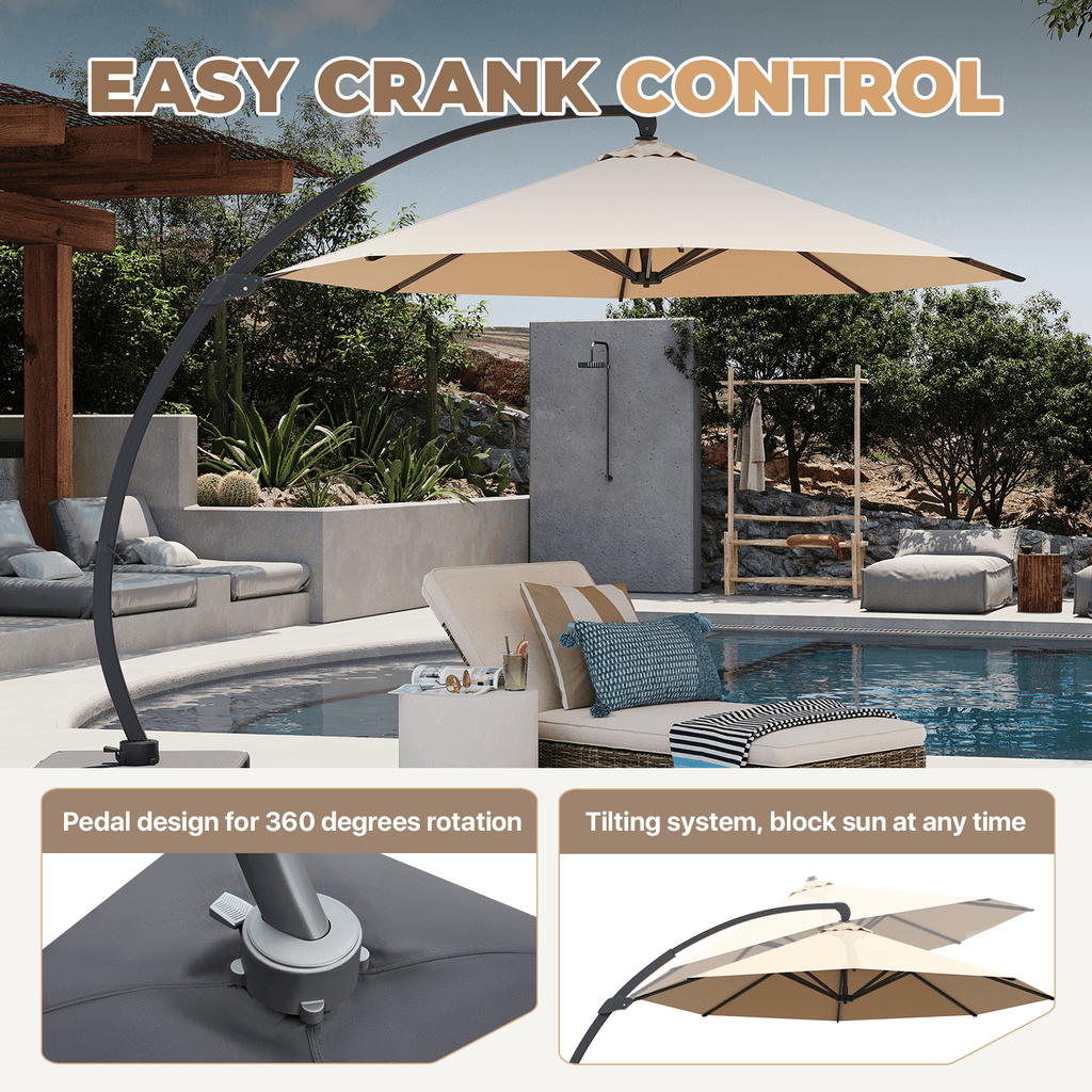 BaPiPro 11ft Offset Cantilever Patio Umbrella with Solar Lights & Base Included, Large Round Heavy Duty Frame Umbrella, 360° Rotation, for Deck Pool Backyard, Beige