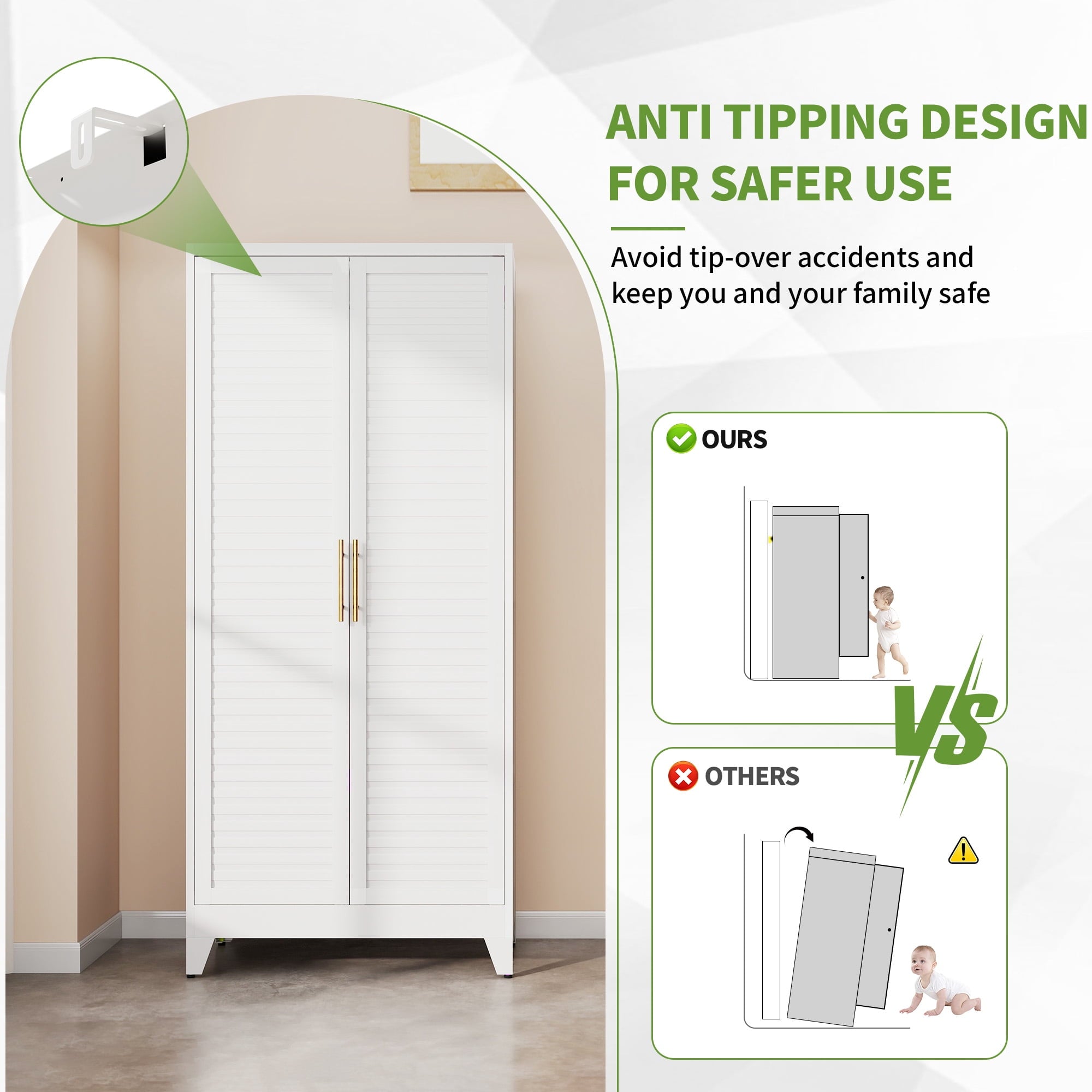AISWORD 60 Tall Metal Wardrobe Cabinet with 1 Drawer and Hanging Rod, 2 Doors Closet with Adjustable Shelf, White
