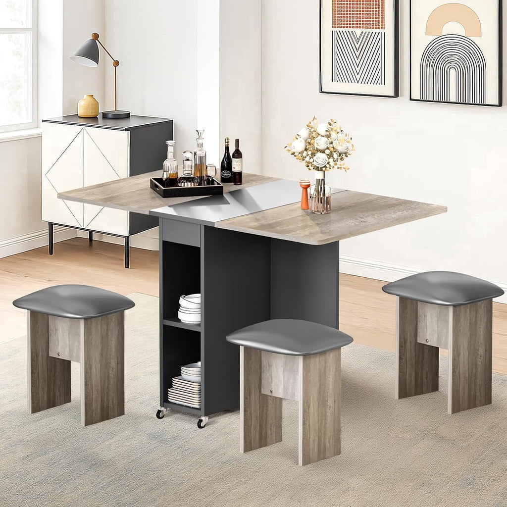 MIERES Folding Dining Table Set for 4, Dinner Table with 4 Leather Chairs and Shelves, Space Saving Foldable Dining Table with 6 Wheels, Kitchen Table for Small Spaces (Grey)