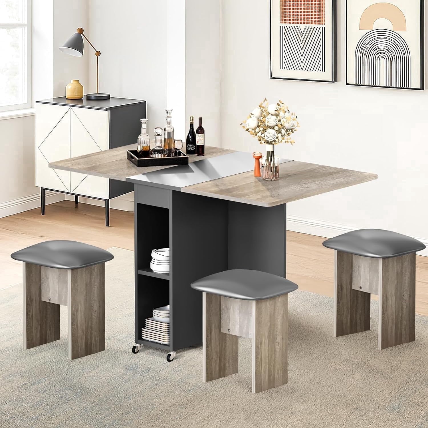 MIERES Folding Dining Table Set for 4, Dinner Table with 4 Leather Chairs and Shelves, Space Saving Foldable Dining Table with 6 Wheels, Kitchen Table for Small Spaces (Grey)