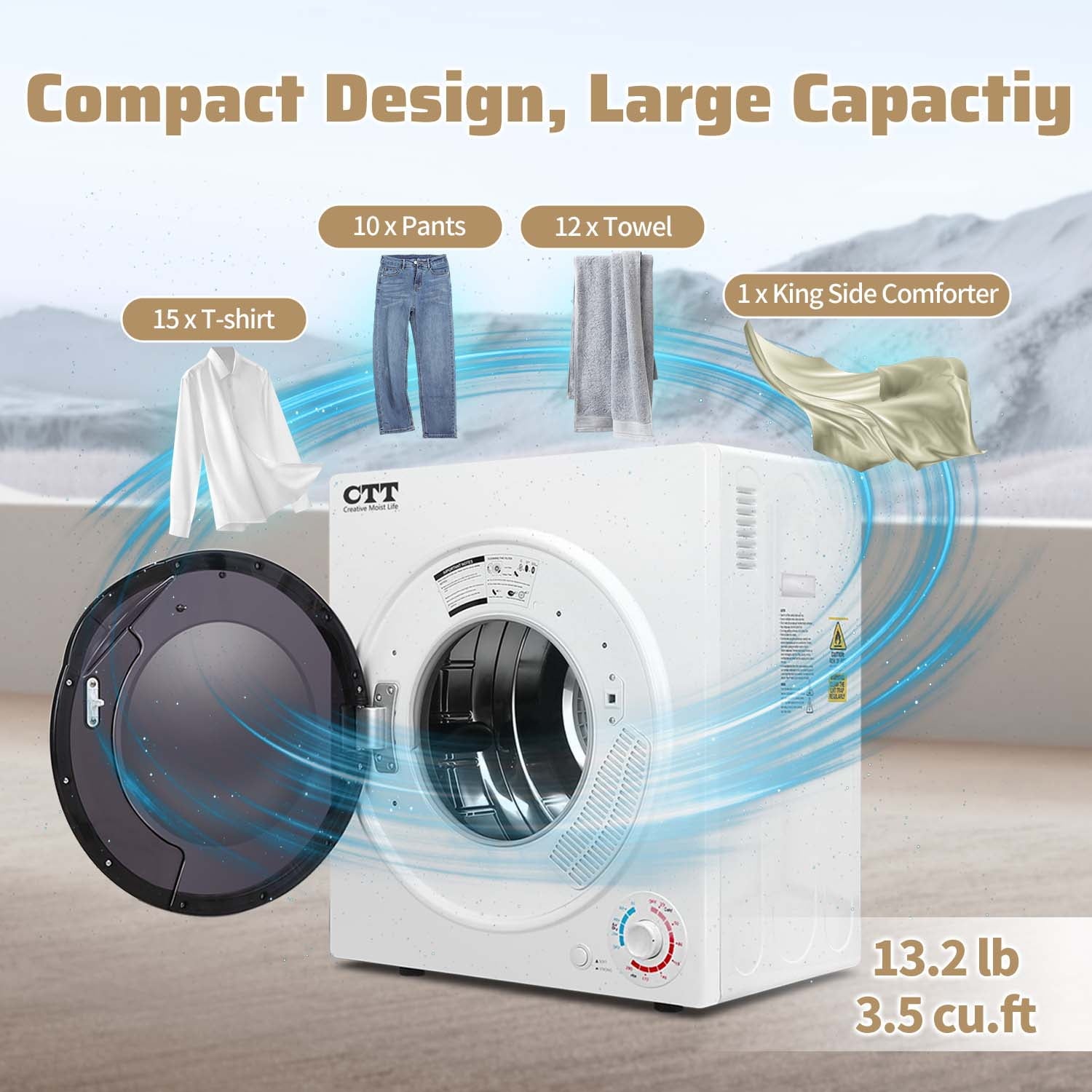 CTT 3.5 Portable Clothes Dryer, 1500W Compact Dryer with 4 Drying Mode, Laundry, Apartments, RVs, Dorms