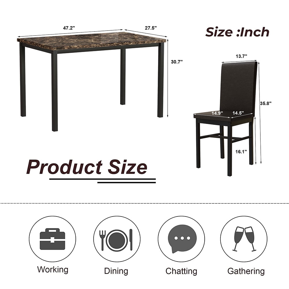5 Piece Dining Table Set, Modern Faux Marble Tabletop and 4 PU Leather Upholstered Chairs, Rectangle Kitchen Table and Chairs for 4 Persons, Small Dining Set for Bar Dining Room Breakfast Nook