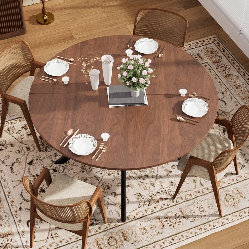 Hawsaiy 47 Round Dining Table for 4-6, Modern Farmhouse Kitchen Table with Metal Legs, Wood Circle Dinner Table for Kitchen & Dining Room, Walnut