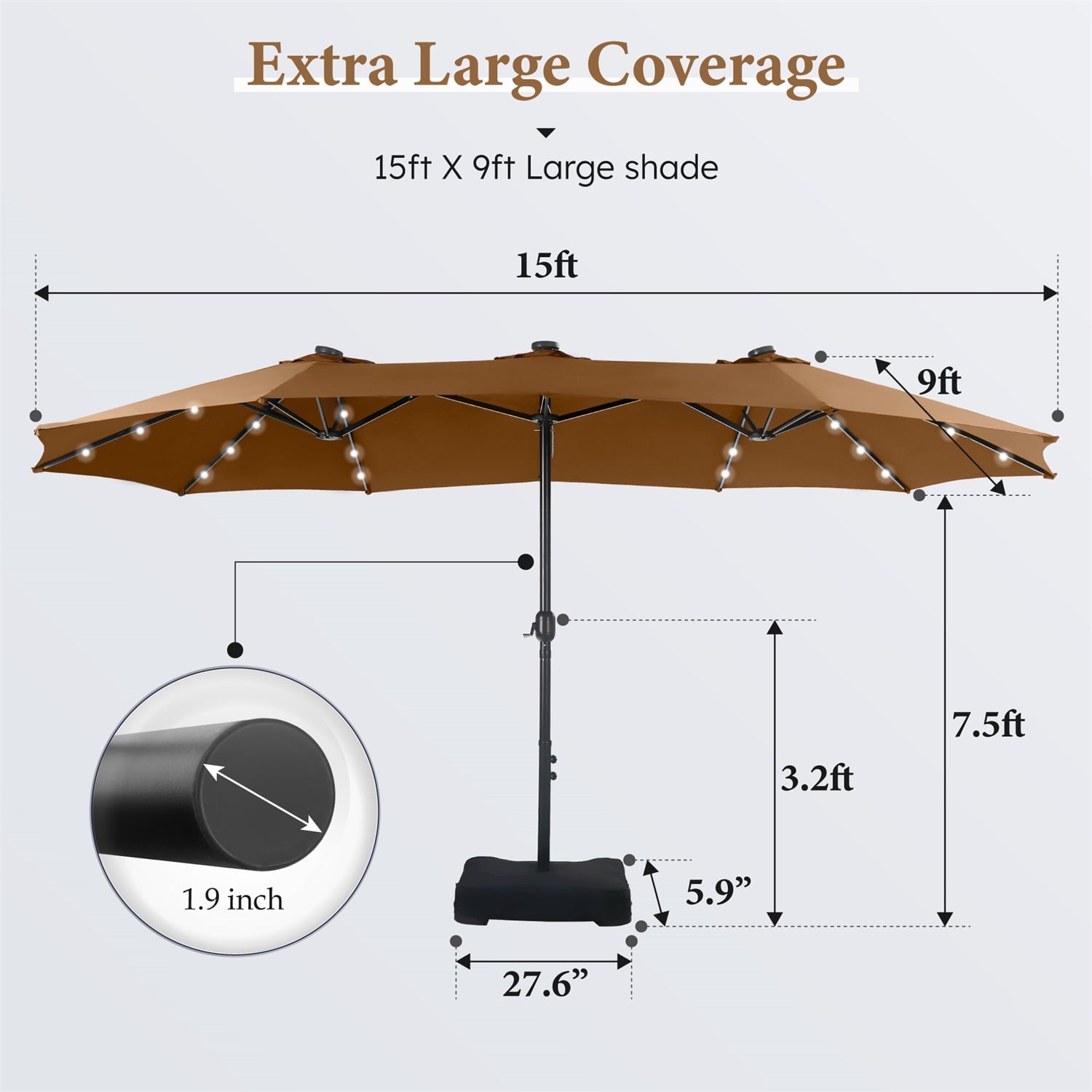 SUMMIT LIVING 15 FT Double-Sided Solar Patio Umbrella with Base Large Outdoor Umbrella with LED Solar Lights - Haze Blue